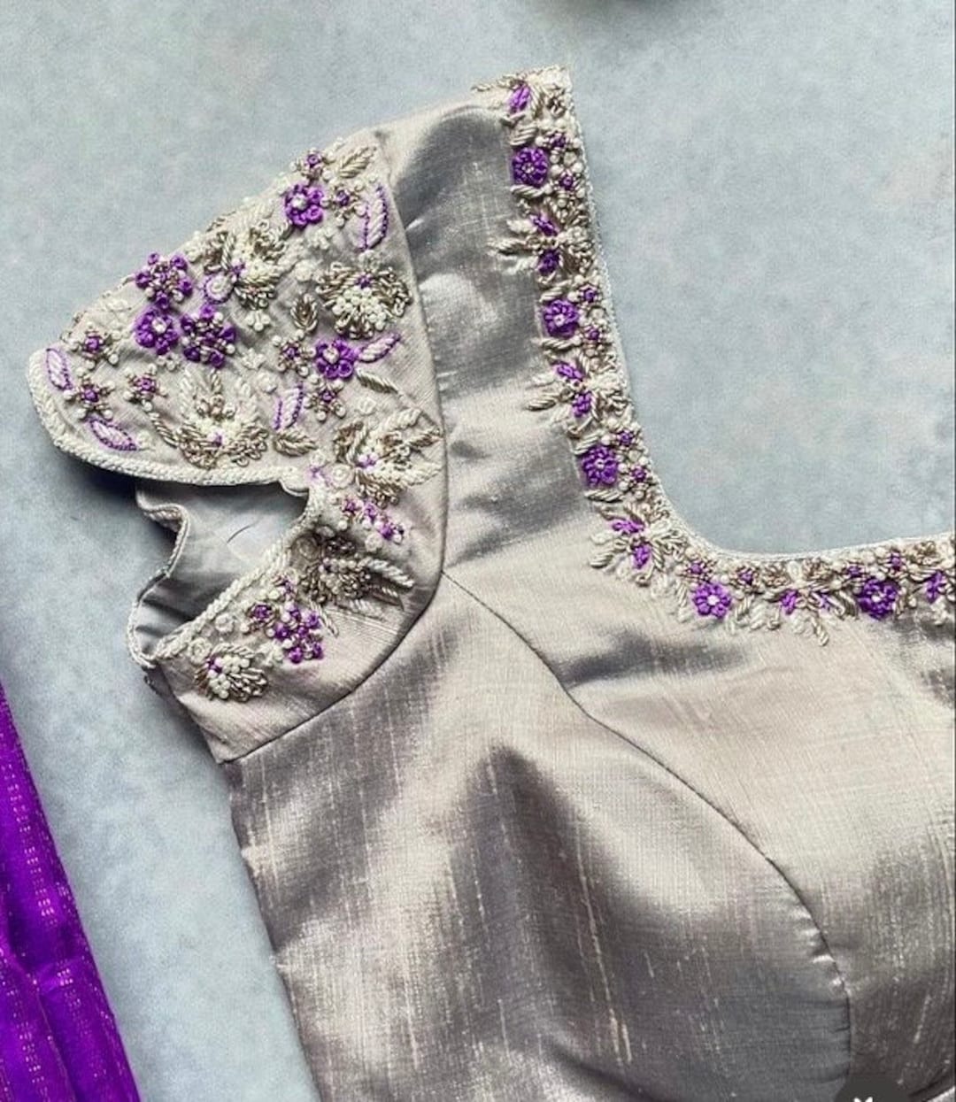 Pure Silk Hand Embroidery Blouse/silver Saree Maggam Blouse/short Sleeve  Blouse/hand Embroidered Blouse/silver Raw Silk Ready Made Blouse Us