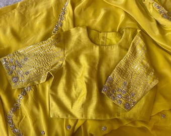 Yellow Crepe Silk Saree: Hand Embroidered Blouse, Haldi Outfit,yellow saree,orange saree,cocktail saree,saree with blouse,haldi saree,soft