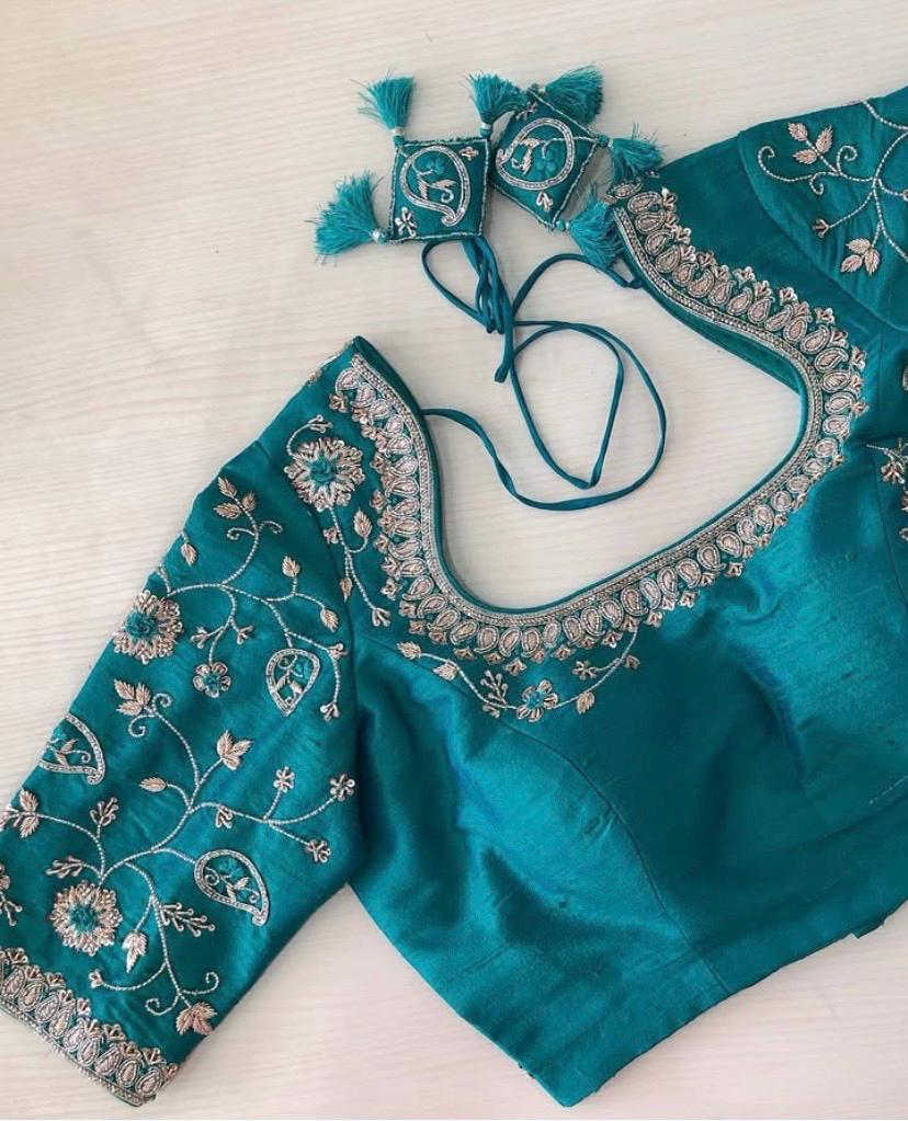 Pure Silk Hand Embroidery Blouse/saree Maggam Blouse/blue Zardosi