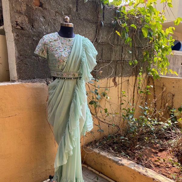 Ruffle saree with blouse/ green ruffle saree with stitched blouse/ saree belt with blouse / silk ruffle saree / saree with belt / belt sari