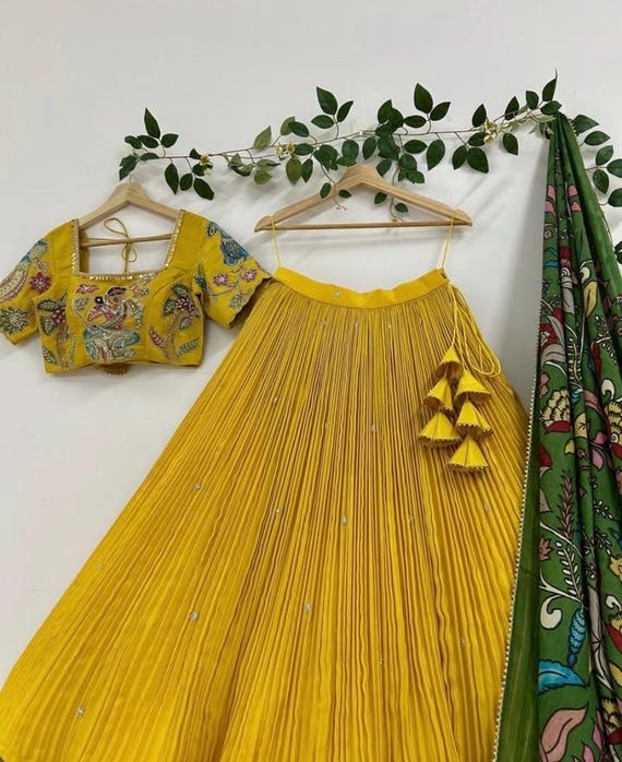 Women's Pure Kalamkari Lehenga Set/yellow Crop Top Lehenga/hand