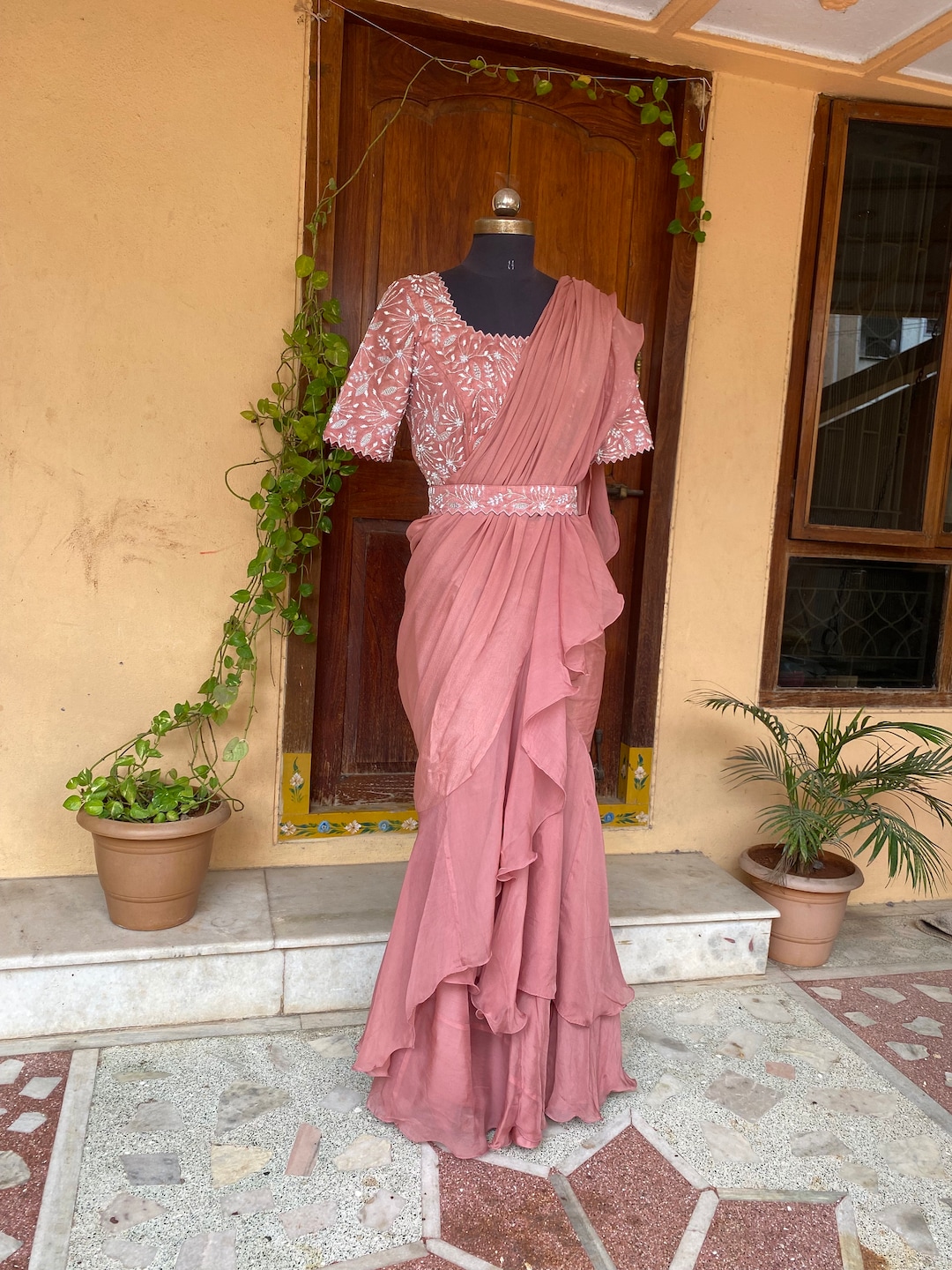 Bright Pink Flora ruffle saree main image 0