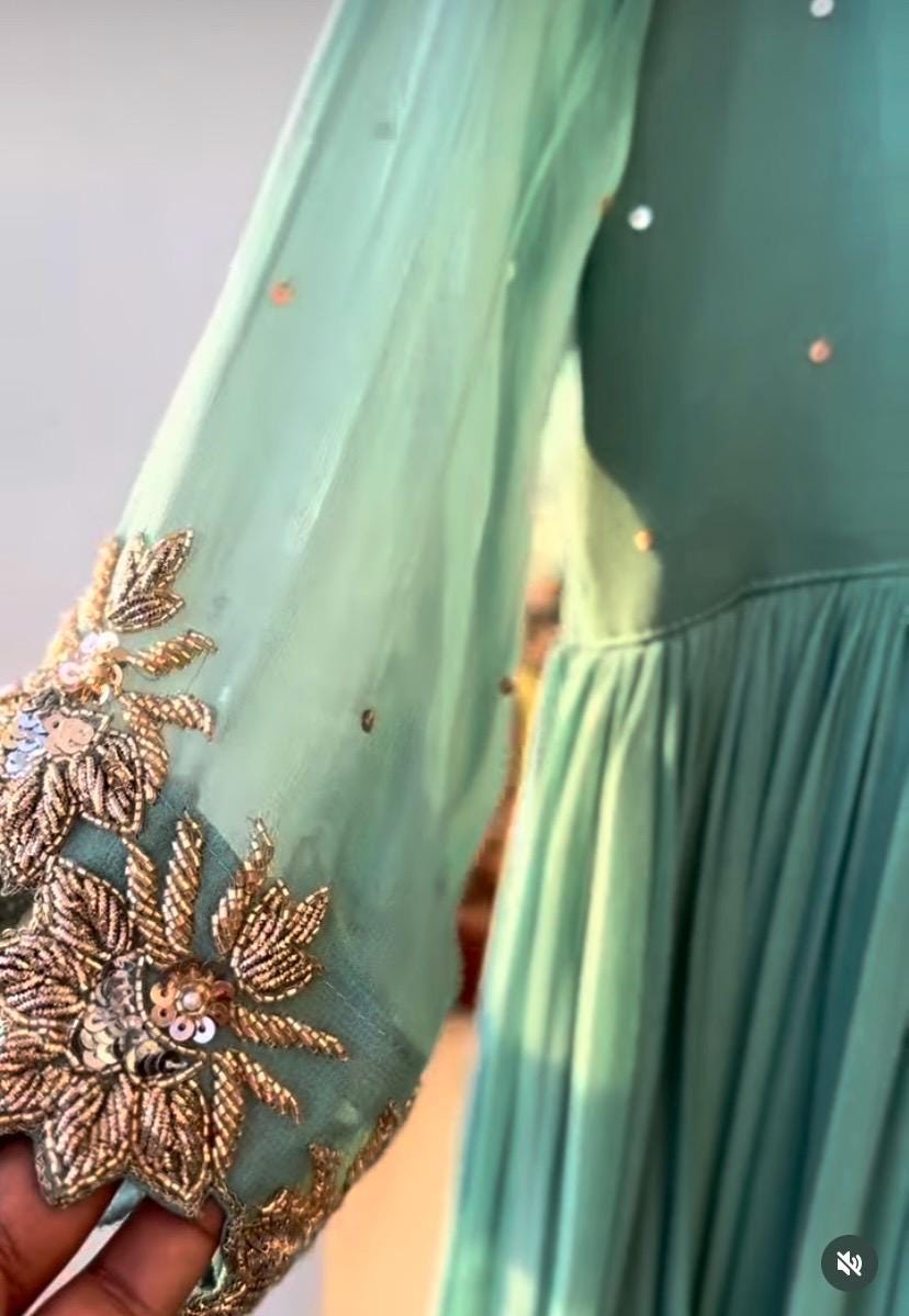 pista green anarkali dress Pista Green Slub Silk Elegant Embroidered Anarkali Suit