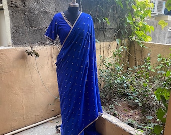 Blue chiffon silk saree with Embroidered blouse | embroidered saree with readymade blouse | sarees USA |light blue silk saree |voggish saree