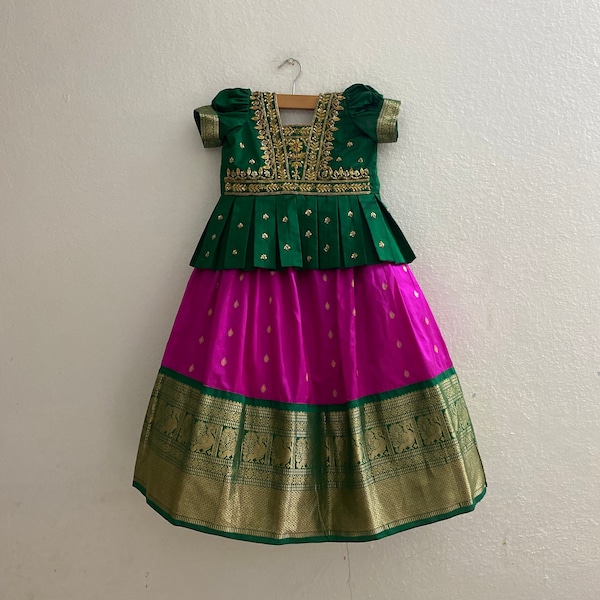 Kids kanjeevaram lehenga set / kids pattu skirt set/ indian kids langa set / Girls indian lehenga choli / indian kids girls pattu pavadai