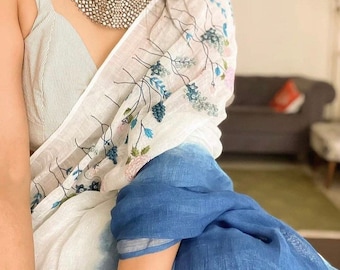 Pure linen saree with hand embroidered blouse / linen saree USA / saree with blouse set / soft saree / embroidered linen saree / sarees USA