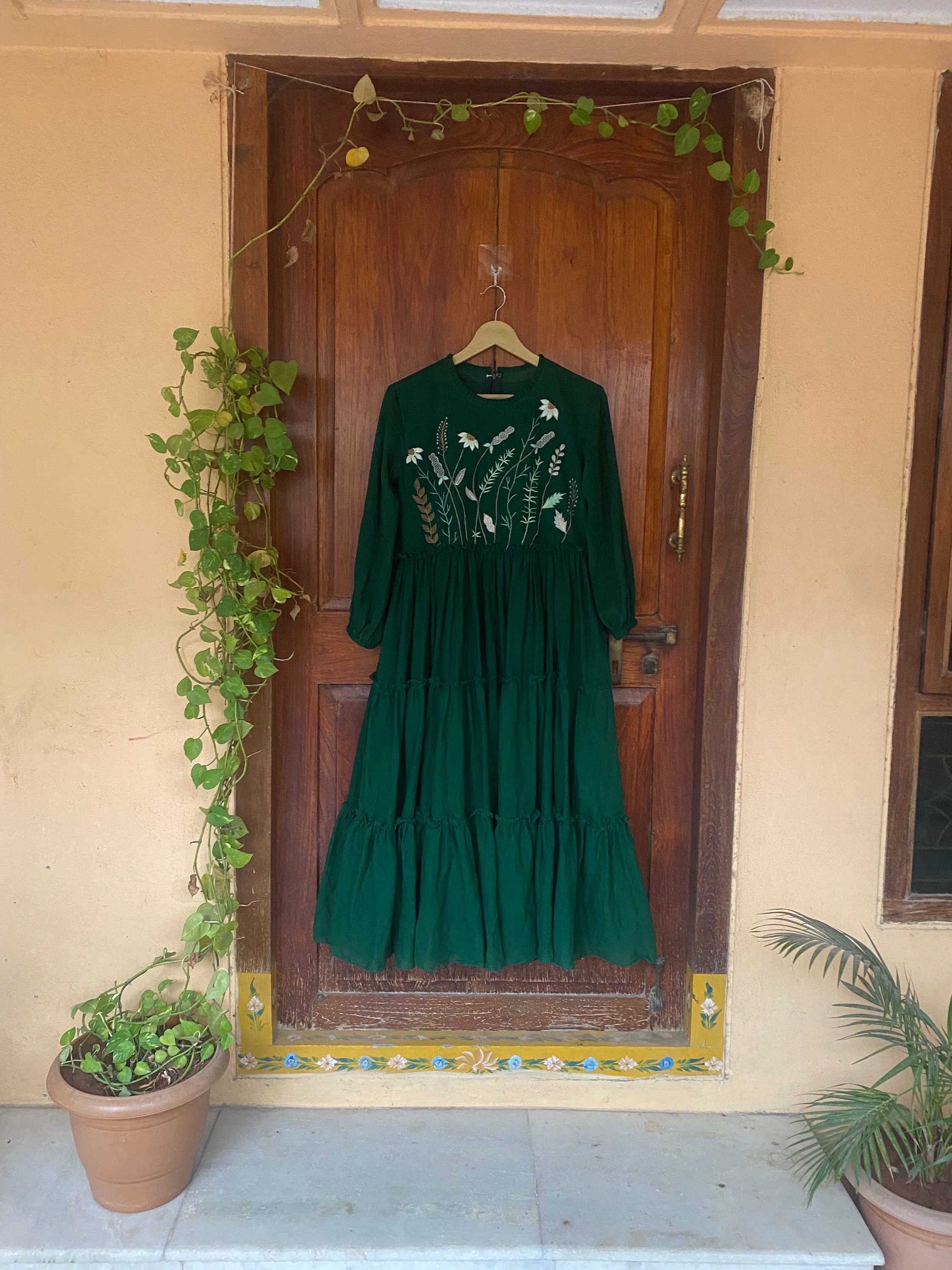 green embroidered trees organic cotton midi dress Green Embroidered Trees Organic Cotton Midi Dress – FARM Rio main image 1