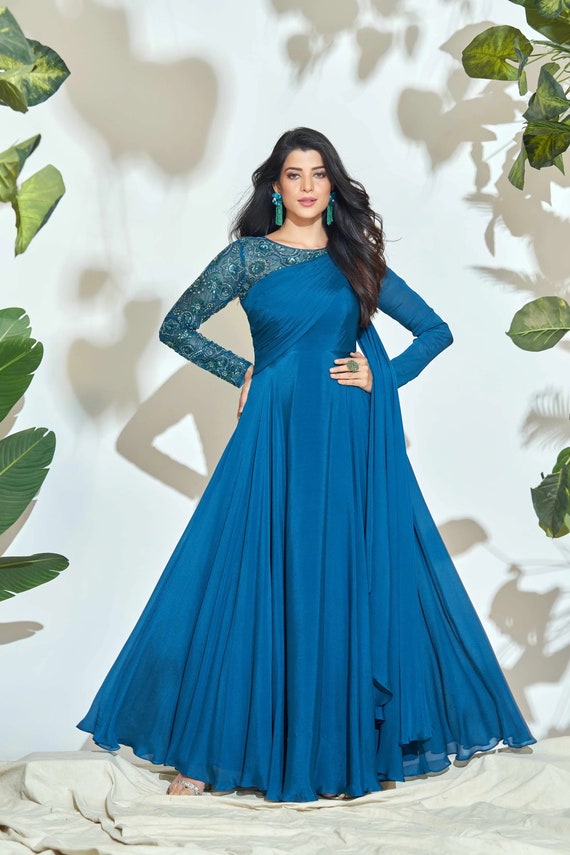 Saree Long Maxi Dresses Online Blue Draped Maxi Dress: Hand Embroidered  Saree Gown Australia