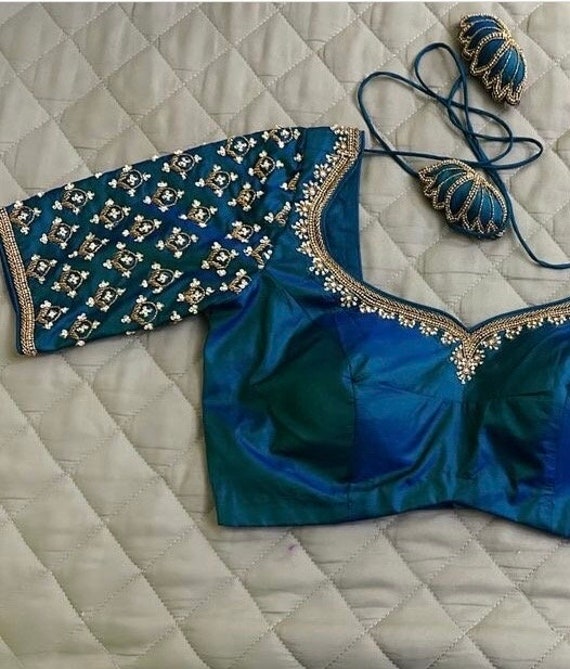 Pure Silk Hand Embroidery Blouse/saree Maggam Blouse/blue