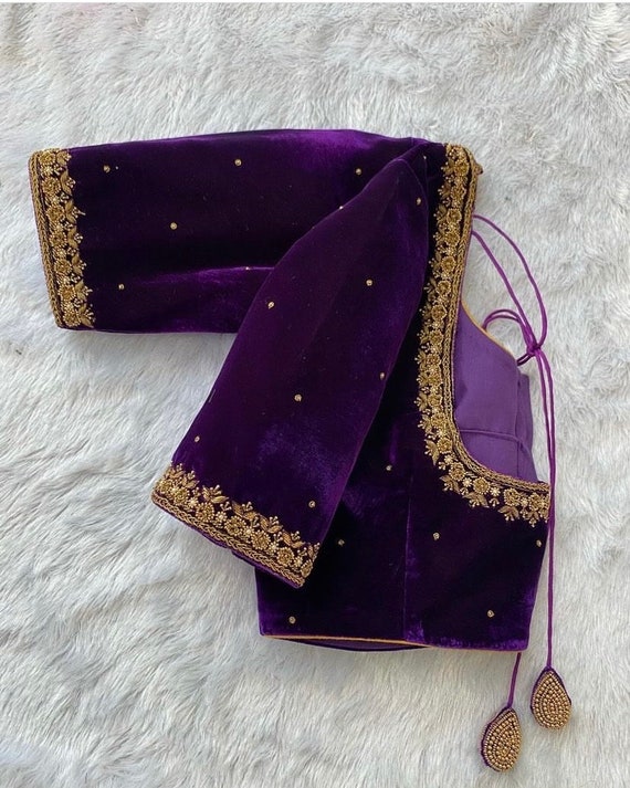 Pure Velvet Hand Embroidery Blouse /modern Saree Maggam Blouse/purple  Zardosi Blouse / Hand Embroidered Blouse/purple Ready Made Blouse - Etsy