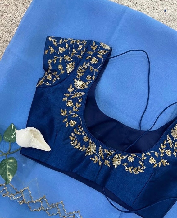 【Bluelea】 Embroidery organdy blouse【値下げ】 Pure Silk Blue Sari Set With Hand Embroidery Blouse/saree With