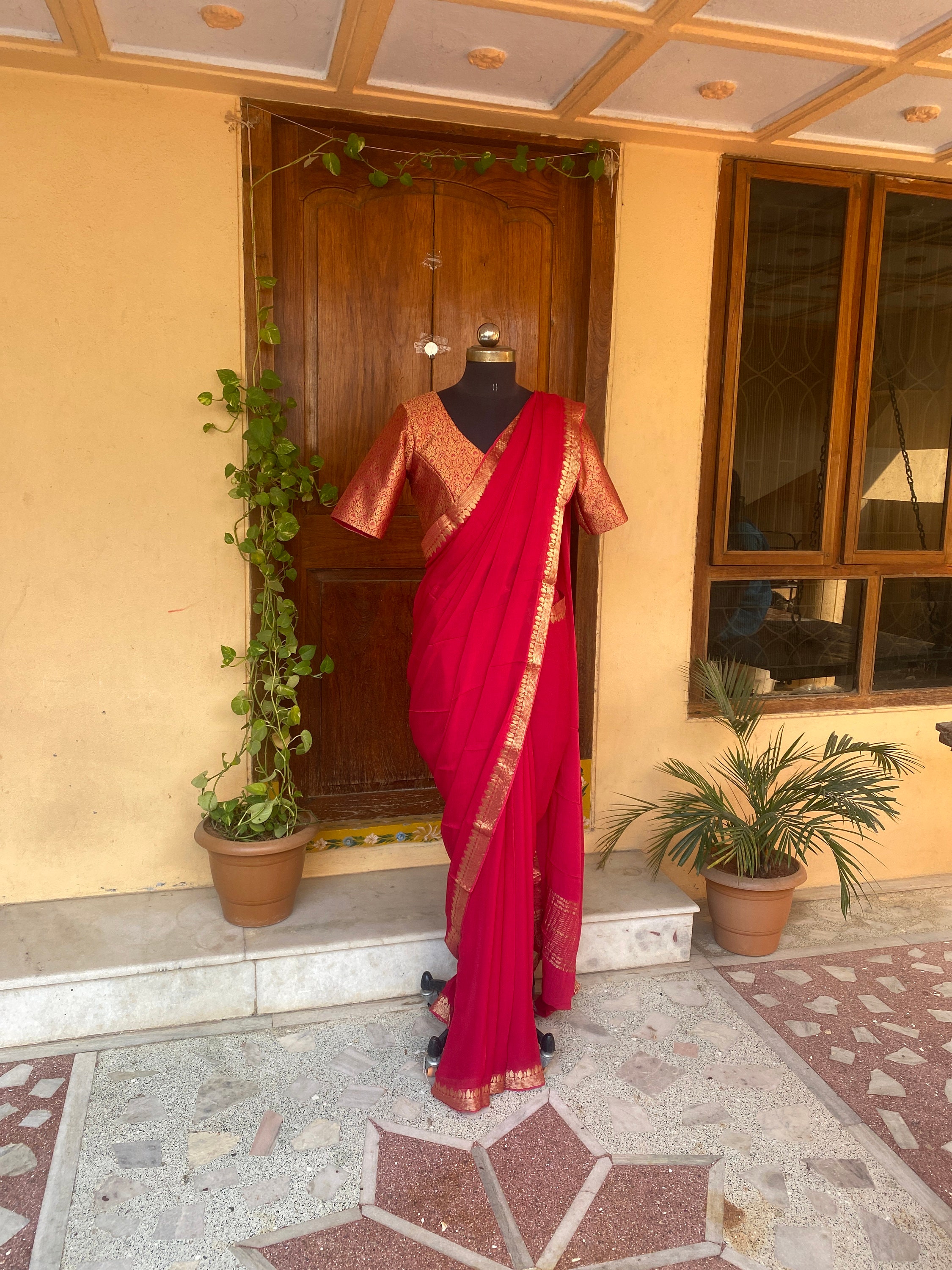 Pink mysore silk saree with stitched blouse usa|chiffon silksaree with banarasi blouse| pink saree USA |semi silk saree with blouse |voggish