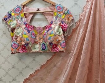 Pink tissue silk saree with hand embroidered blouse/blue saree with pink hand work blouse|sarees USA/peach pure silk scall saree with blouse
