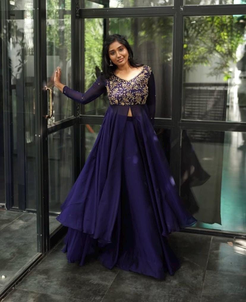 anarkali dress navy blue Hand Embroidered With Lehenga/dark Anarkali Suit/georgette Anarkali Dupatta Usa/indian Dresses/navy Blue Anarkali Dupatta Set DELIVERY TIME:Rush: Ships in 4-6 business weeks (+$175 Surcharge)