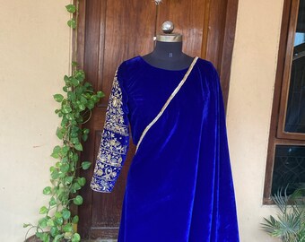 Royal blue velvet saree with hand Embroidered blouse |heavy embroidered velvet blouse and saree |full sleeve blouse/royal blue velvet saree