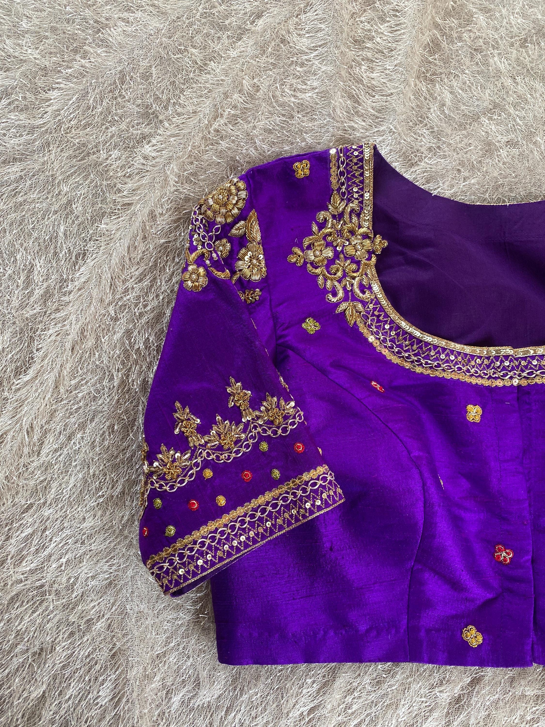 Pure Silk Hand Embroidery Blouse/saree Maggam Blouse/purple