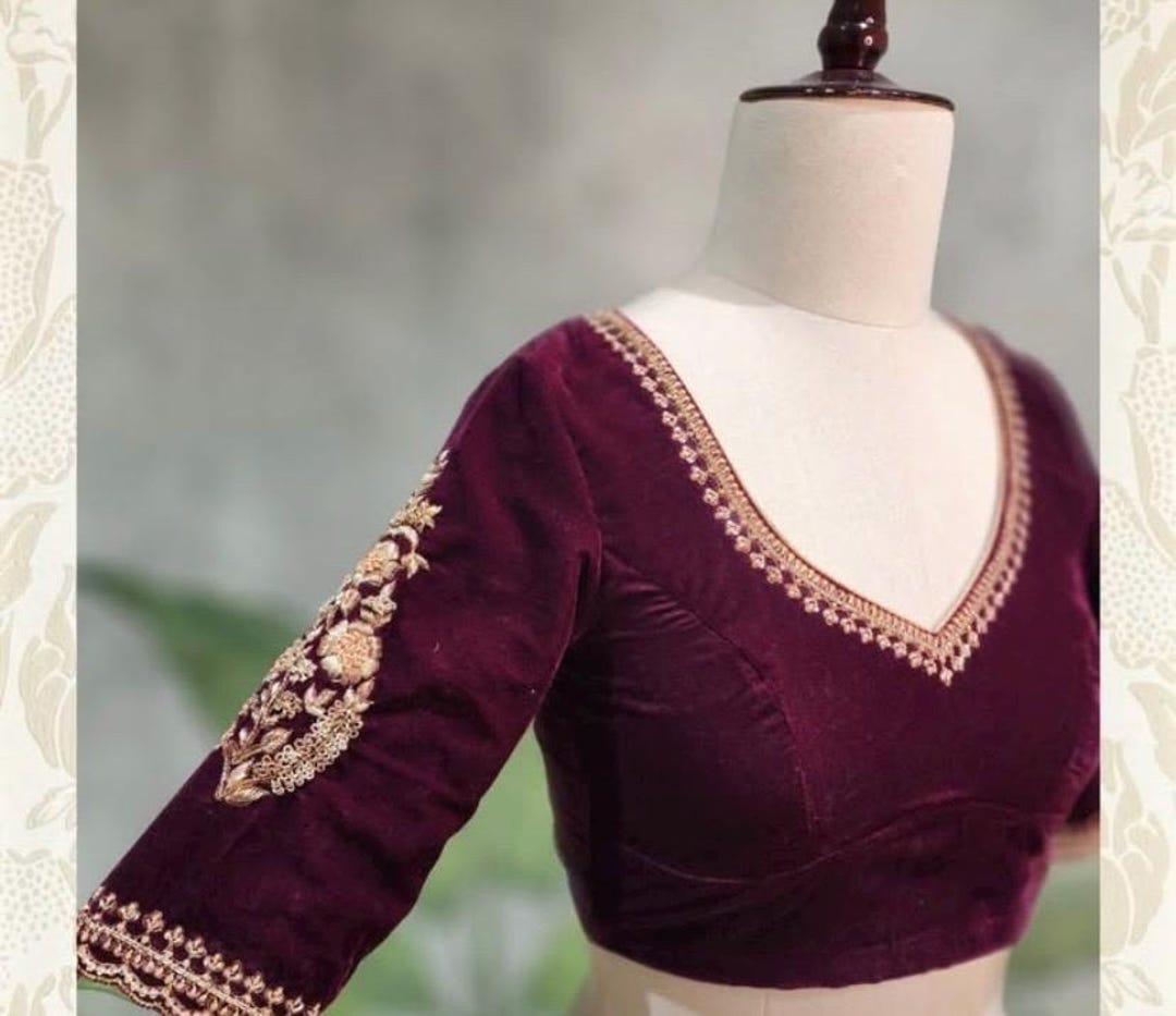 Pure Velvet Hand Embroidery Blouse/v Neck Maggam Blouse/red