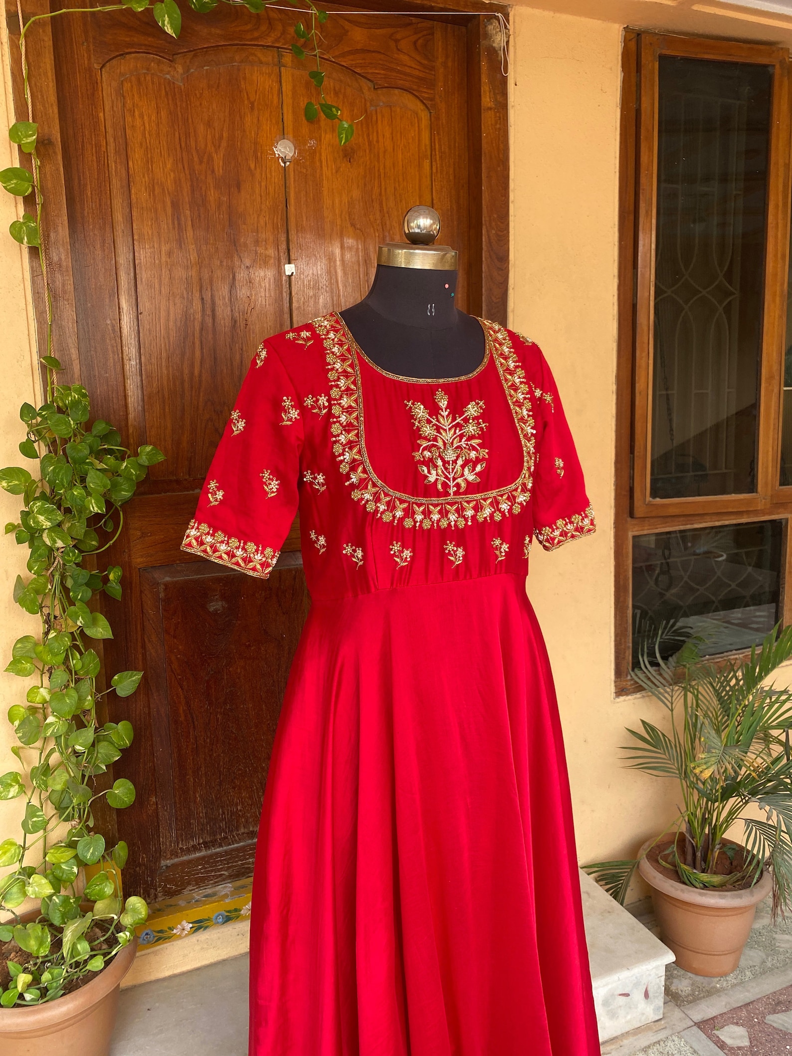 Red Hand Embroidered Anarkali Suit