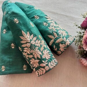 Green - Zardozi Hand Embroidery Cotton Plain Blouse Piece 36 main image 1