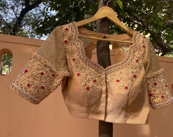Hand Embroidered Zardosi Silk Blouse: Golden Beige Bridal Top