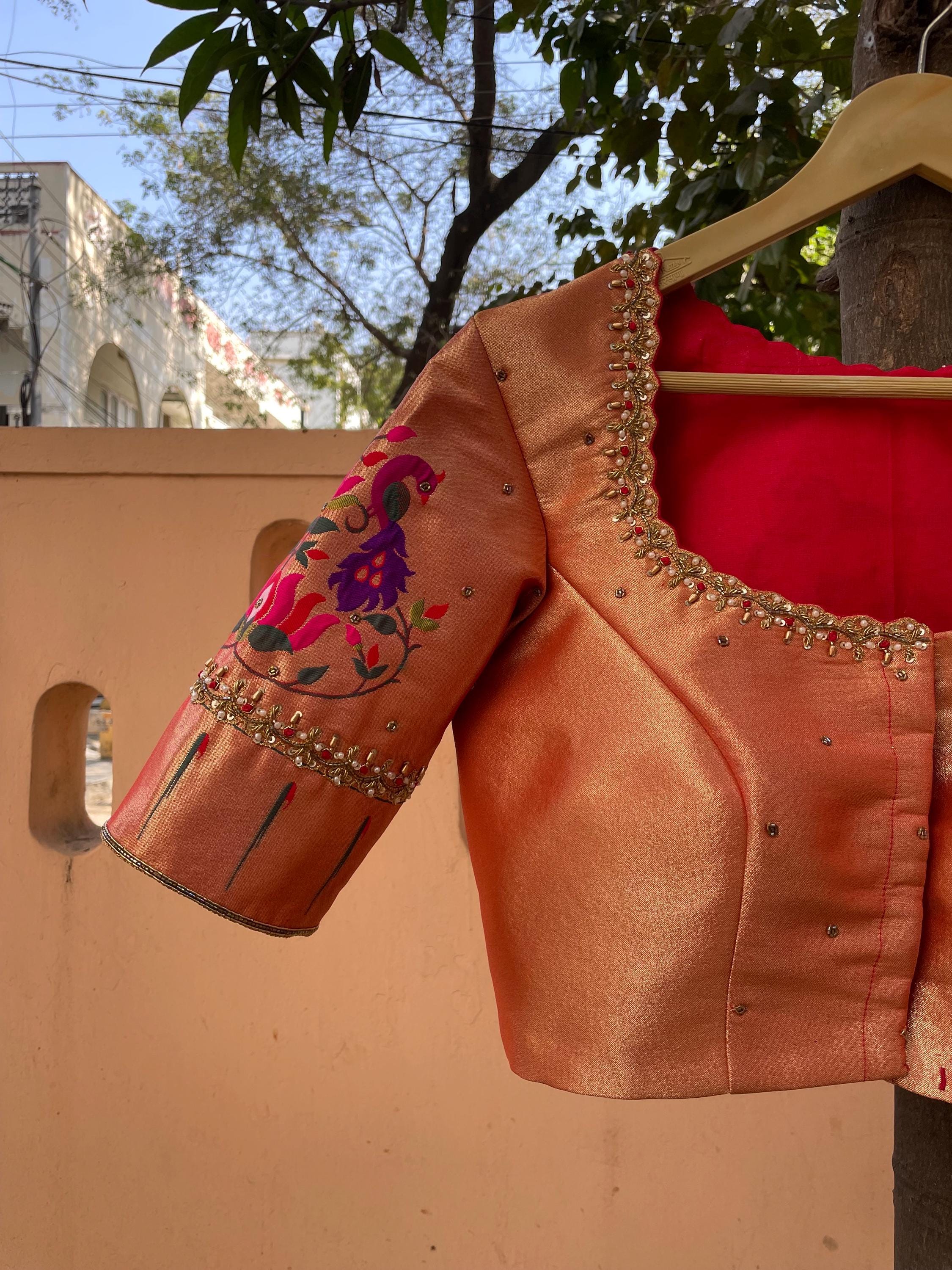 Pure Silk Hand Embroidery Blouse/elbow Sleeve Maggam Blouse