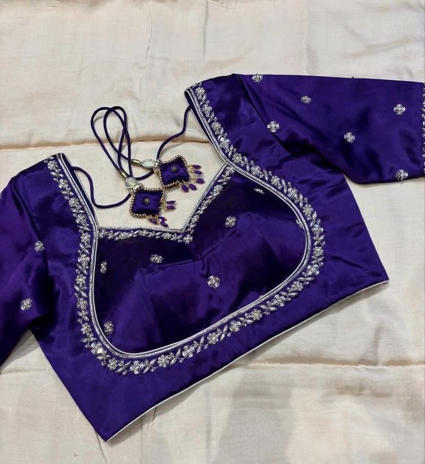 Hand Embroidered Silk Saree Blouse: Purple Zardosi Maggam Work - Etsy