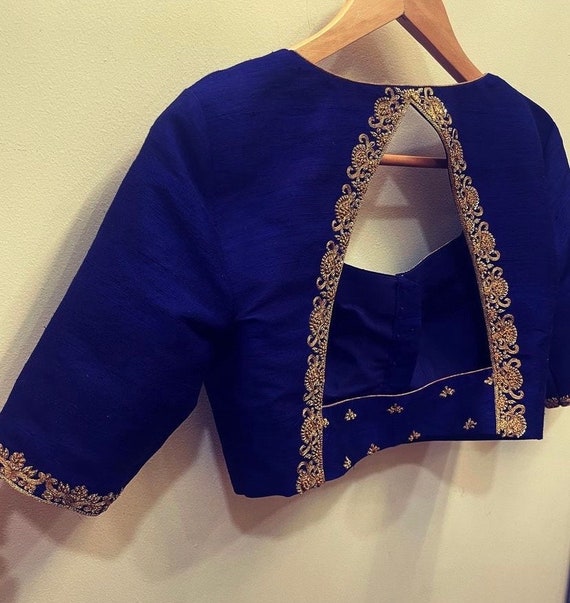 Navy Blue Silk Hand Embroidery Blouse/blue Saree Maggam Work