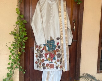 reine Seide Kalamkarimens Kurta / Herren Kurta Set / weiße Herren Kurta / weiße Herren Kurta / indische Herren tragen / Chikankari Kurta / Bräutigam Hochzeit indische Kurta