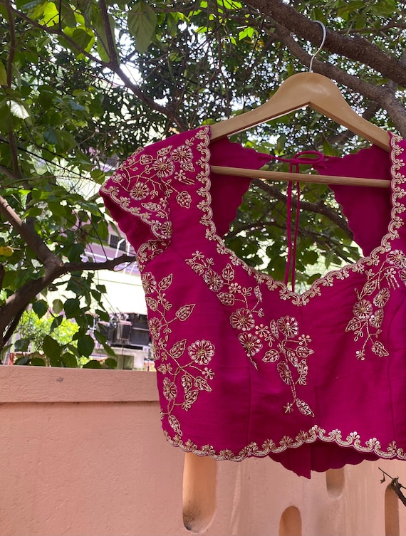 Pink Hand Embroidered Silk Blouse: Zardosi Saree Crop Top - Etsy