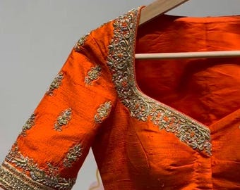 pure zijde handgeborduurde blouse/saree maggam blouse/oranje zardosi blouse usa/handgeborduurde moderne blouse/kant-en-klare blouse zardosi usa