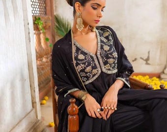Hand Embroidered Black Anarkali Suit/chanderi Silk dress, georgette Dupatta, Indian Gown,black cocktail dress,Indian kurta pyjama, black ana