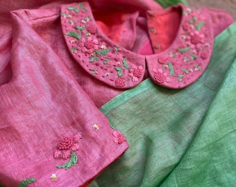 Pure linen saree with designer blouse/ saree with stitched blouse/ embroidery designer blouse/ linen sarees USA / half and half saree /