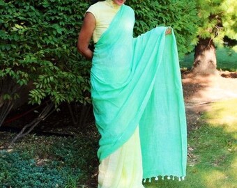 Pure Linen saree with hand embroidered linen blouse / high neck readymade blouse / linen saree with stitched blouse