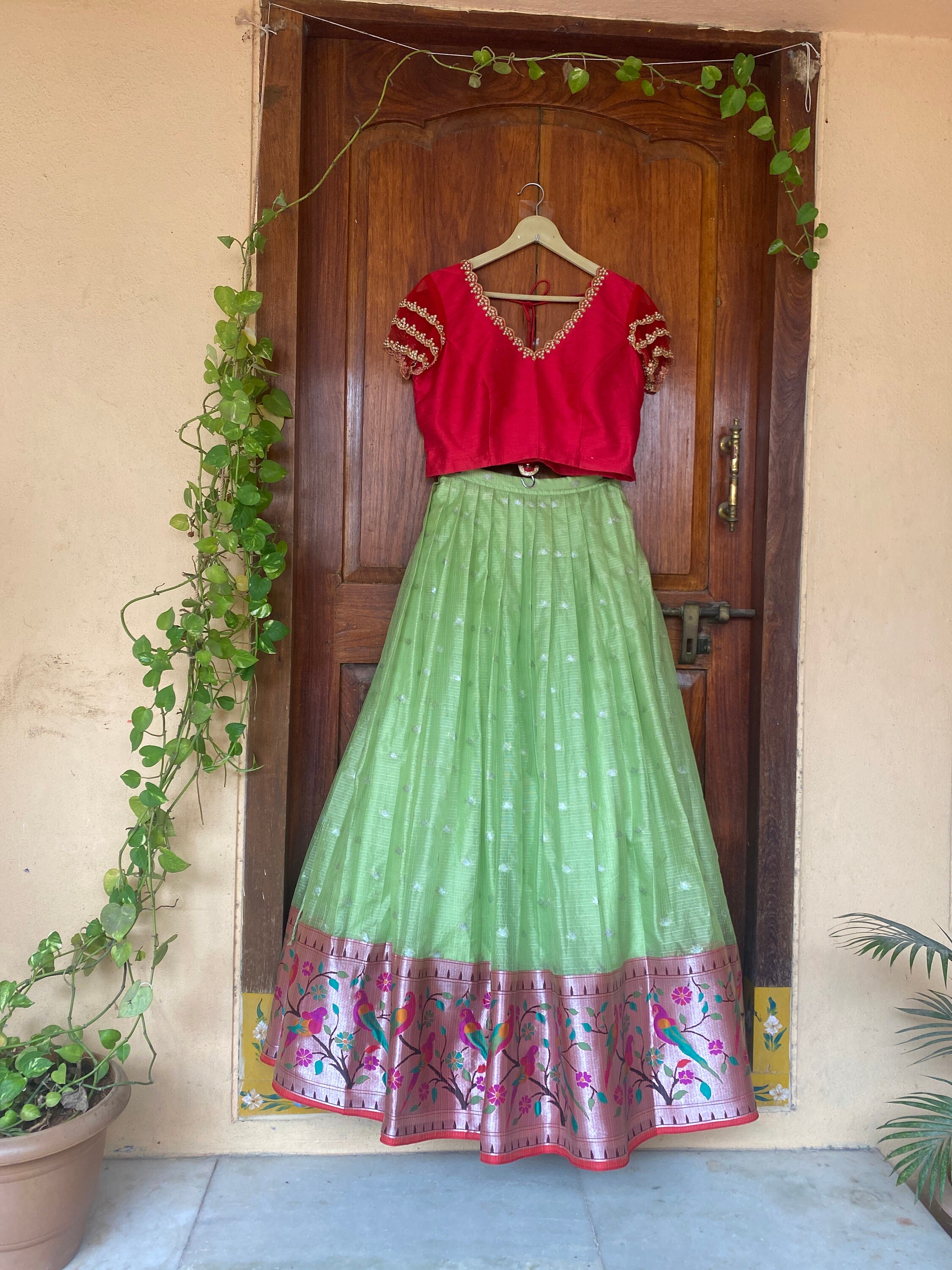 Parrot green lehenga with high neck choli 2025