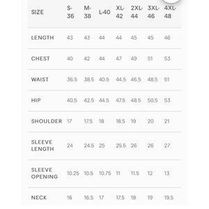 May include: Size chart for clothing with measurements in inches for different sizes: S-36, M-38, L-40, XL-42, 2XL-44, 3XL-46, 4XL-48. Measurements are provided for length, chest, waist, hip, shoulder, sleeve length, sleeve opening, and neck.