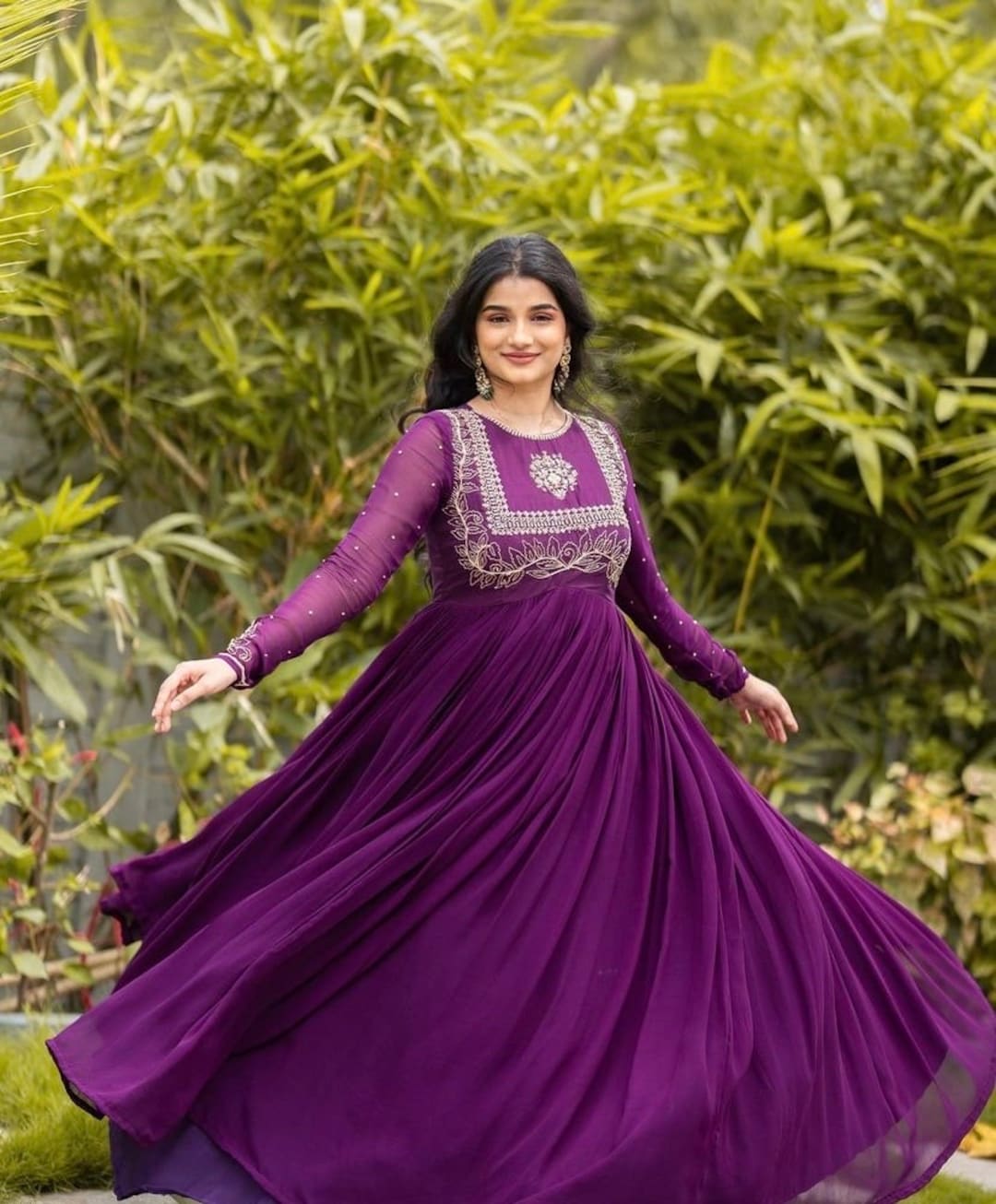 Purple Full Hand Anarkali Suits Women's Purple Faux Georgette