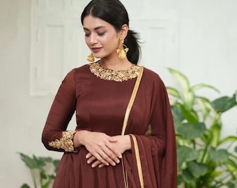 Hand embroidered Anarkali with dupatta/brown anarkali suit set/chinnon silk anarkali dupatta USA/Indian dresses/anarkali dress with dupatta