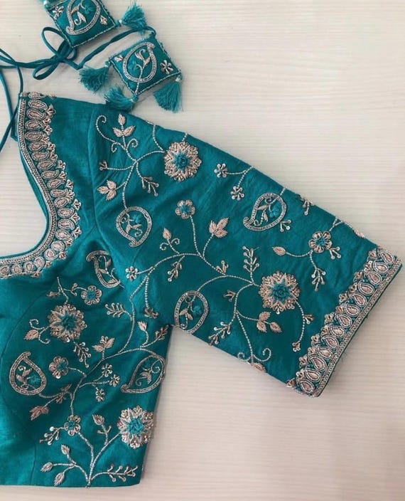 Pure Silk Hand Embroidery Blouse/saree Maggam Blouse/blue Zardosi
