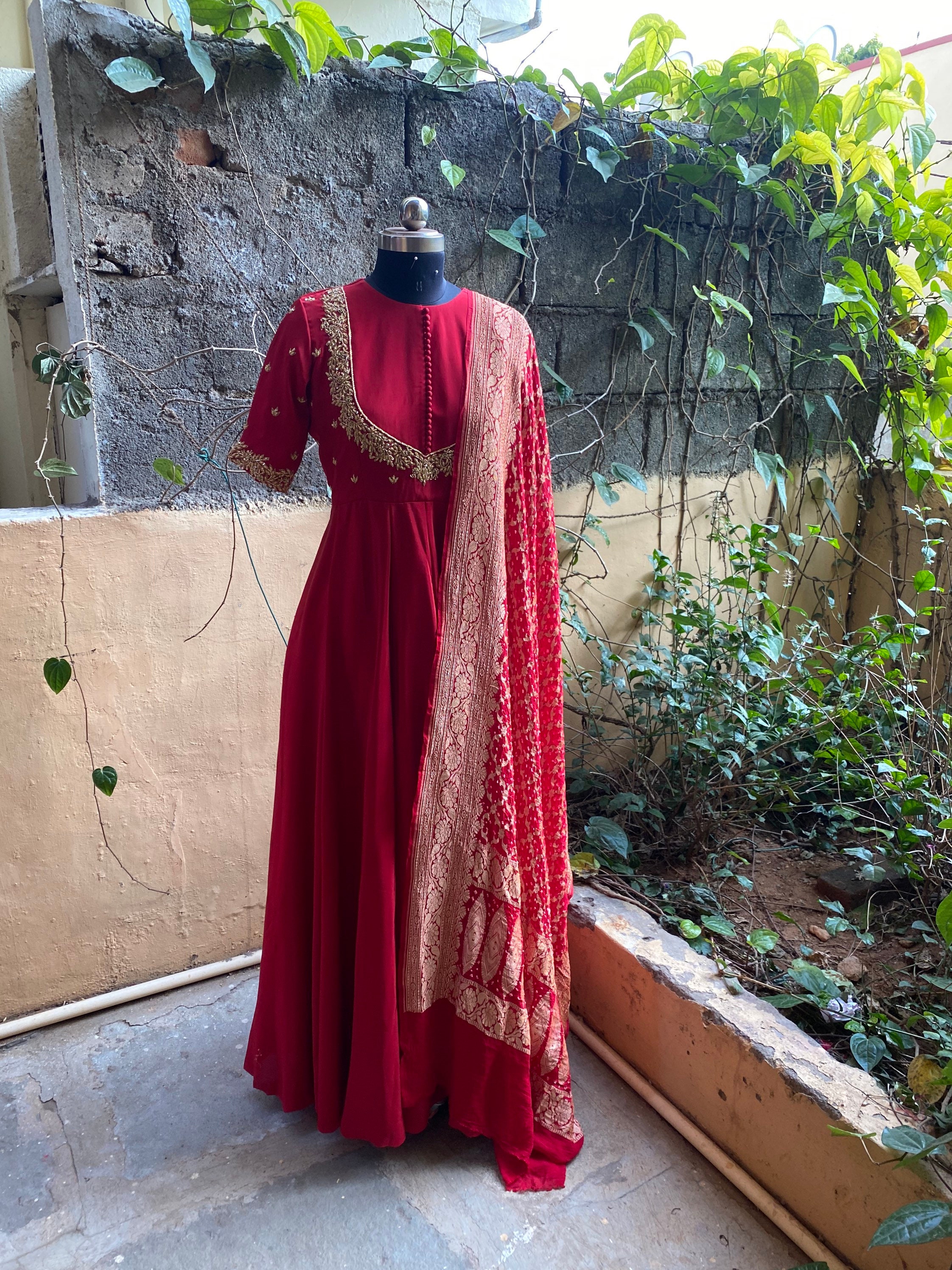 Hand Embroidered Anarkali With Banarasi Handloom Dupatta