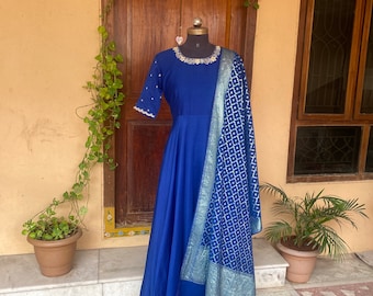 Hand embroidered Anarkali with chanderi handloom  dupatta / anarkali suit set / anarkali dupatta USA  / Indian dresses/ voggish USA