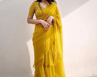 Sari con volantes y blusa/sari con volantes amarillos y blusa cosida/sari con cinturón y blusa/sari con conjunto haldi/sari con cinturón/sari con cinturón amarillo