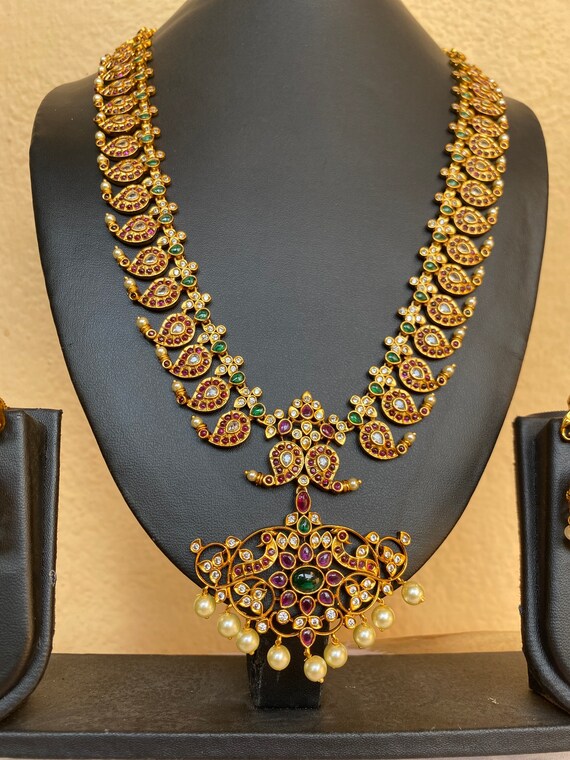 Voggish Kempu Mango Temple Jewelry Set/ Mango Haram Imitation Jewelry with Earrings/ Long Necklace with Earrings/ Kempu Jhumkas with Necklace