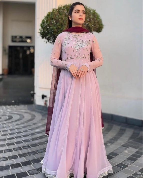 anarkali dress chiffon Exquisite Sky Blue Chiffon Anarkali Suit with Floral Print Dupatta