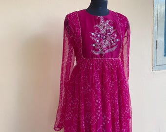 pink bandhani Anarkali/pink anarkali suit set/pure silk anarkali dress USA /designer Indian long gown/womens long gown/pink bandhani kurta