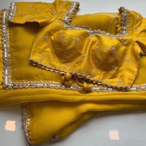 Yellow organzasilk saree with hand embroidered blouse/yellow saree with blue hand work blouse|sarees USA/ pure silk saree/maggam work blouse