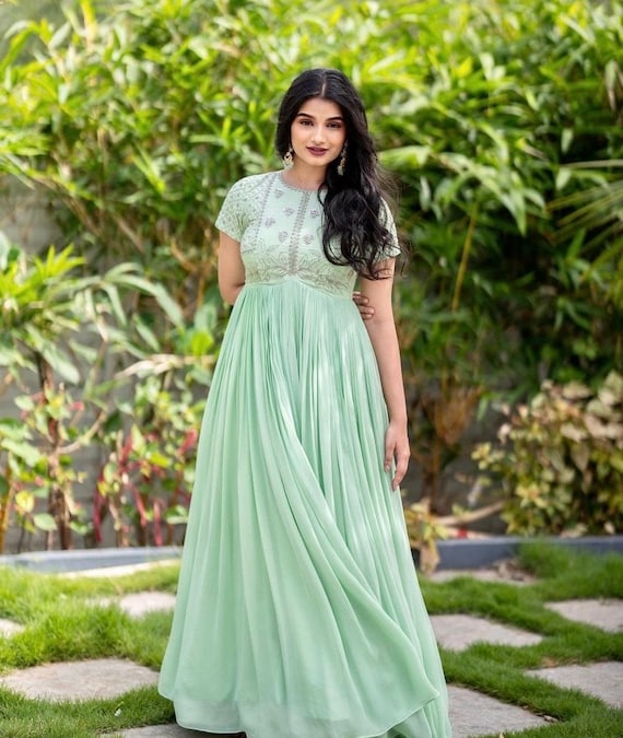 Hand Embroidered Anarkali Dress peach Anarkali Suit Set light Green Hand Work Anarkali Usa indian Dresses pista Green Short Sleeves Anarkali Etsy
