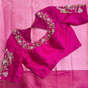 pure silk hand embroidery blouse/saree maggam blouse/hot pink zardosi blouse/hand embroidered blouse /magenta pink ready made blouse zardosi