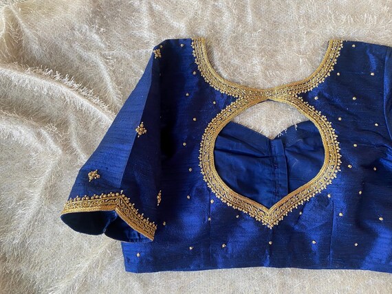 Navy Blue Silk Saree Blouse: Hand Embroidered Zardosi Crop Top - Etsy