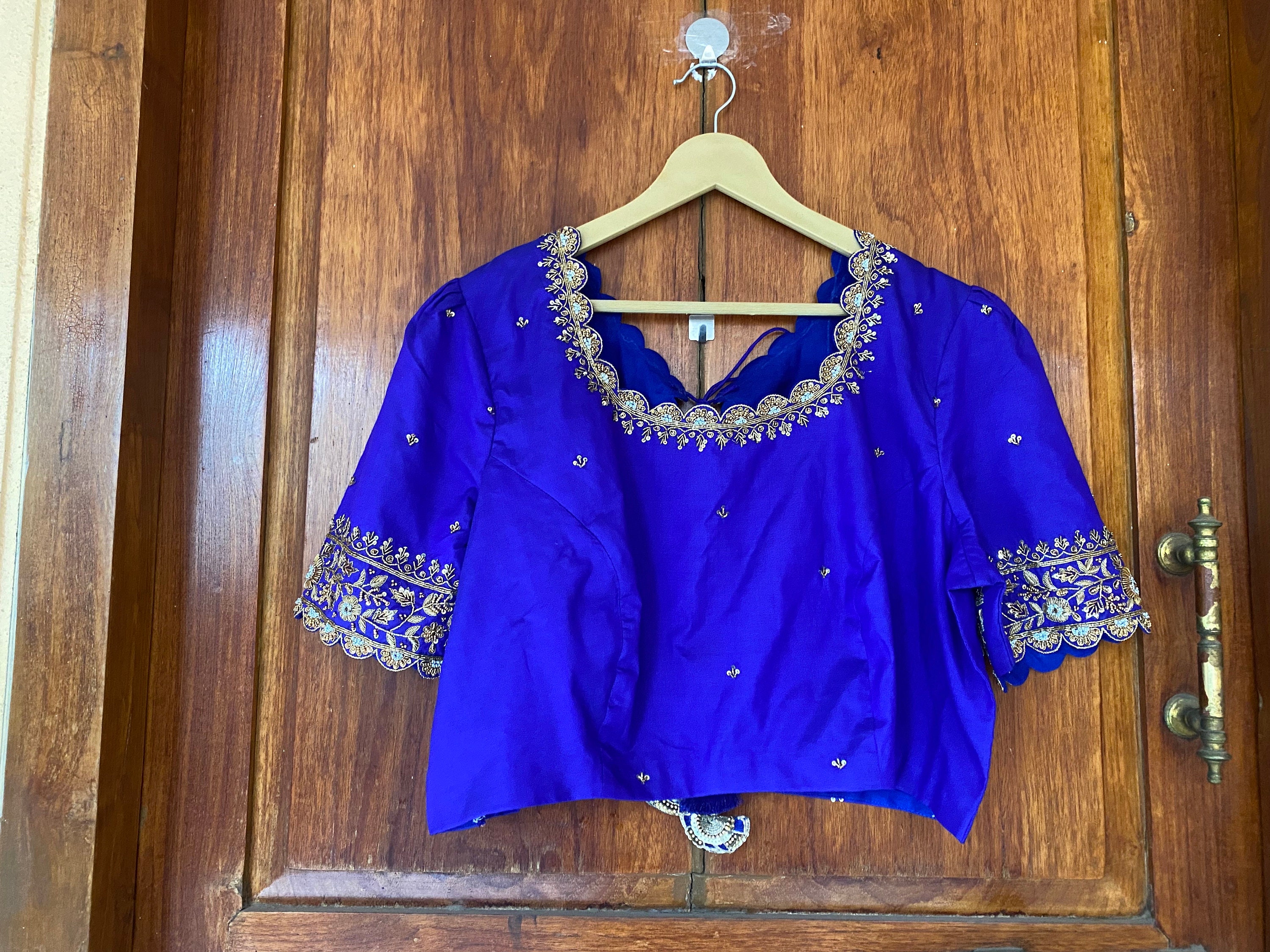 Pure Silk Hand Embroidery Blouse / Saree Maggam Blouse /navy Blue