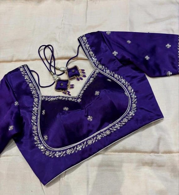 手刺繍シルクサリーブラウス: パープル Zardosi Maggam 作品 - Etsy 日本